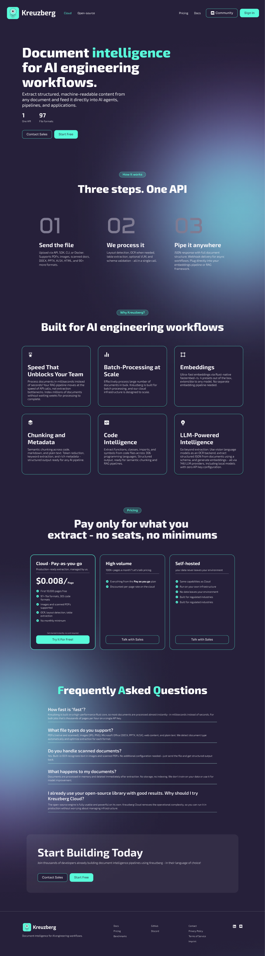 Kreuzberg Cloud landing page presenting document intelligence, three-step workflow, capabilities and pricing