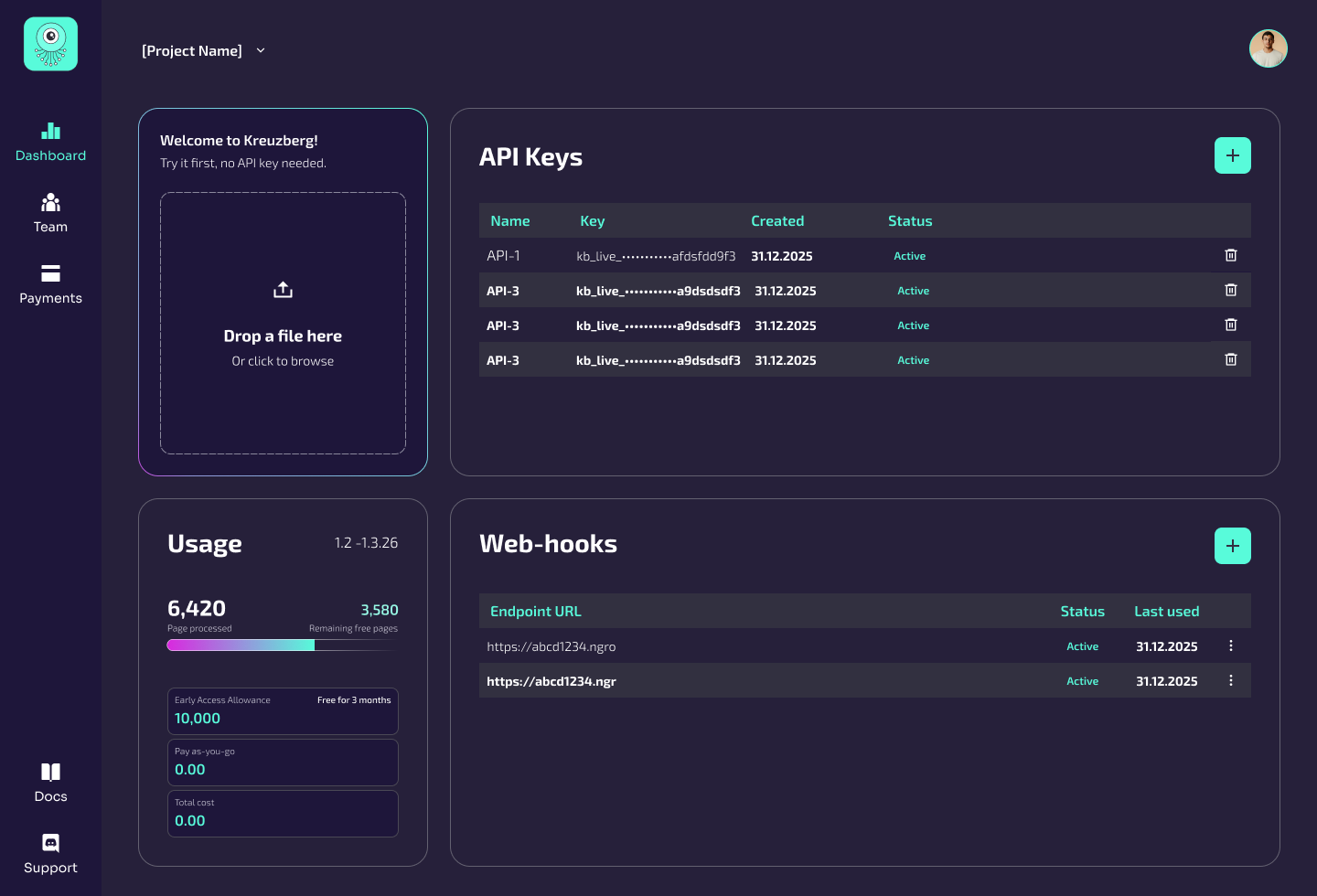 Cloud dashboard with file sandbox, usage, API keys and webhook status