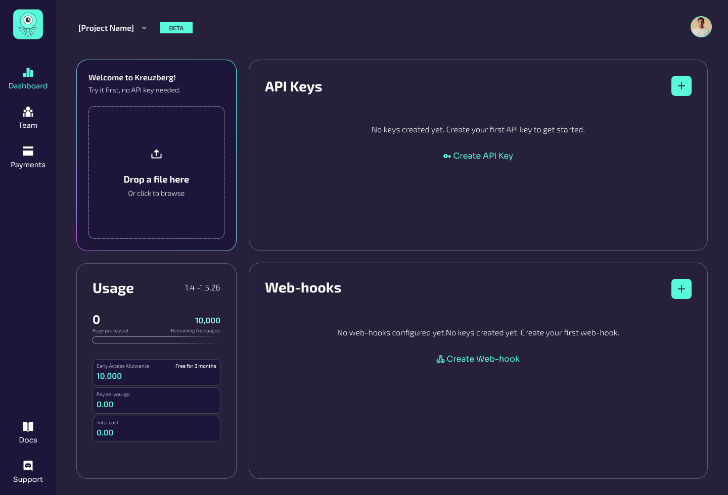 Empty Cloud dashboard inviting a file test and offering API key and webhook setup