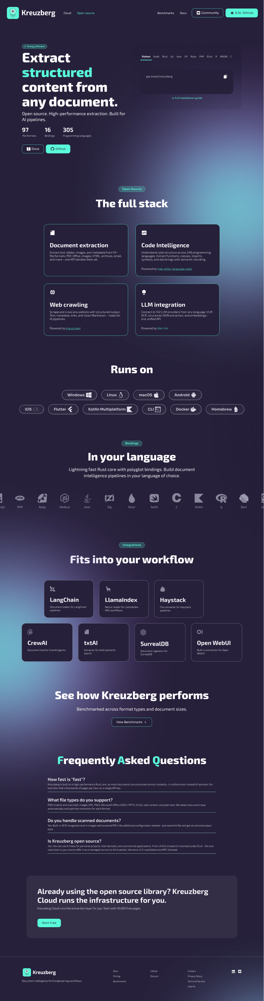 Kreuzberg open-source landing page showing the extraction engine, integrations, supported languages and benchmark entry point