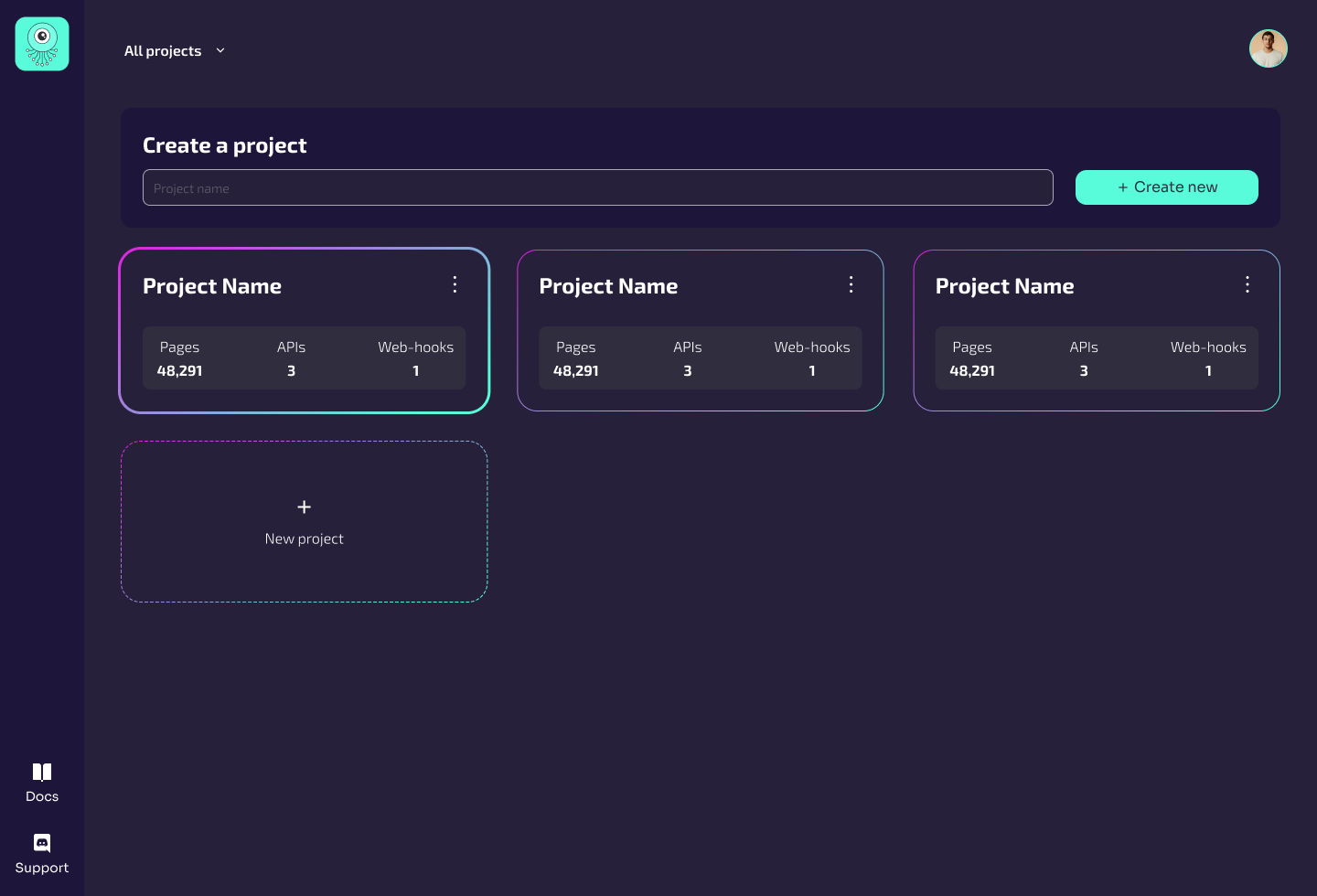 Project overview with separate workspaces and their page, API and webhook activity
