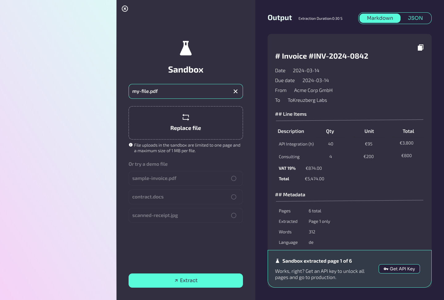 Kreuzberg Cloud sandbox with an uploaded document beside its extracted Markdown output